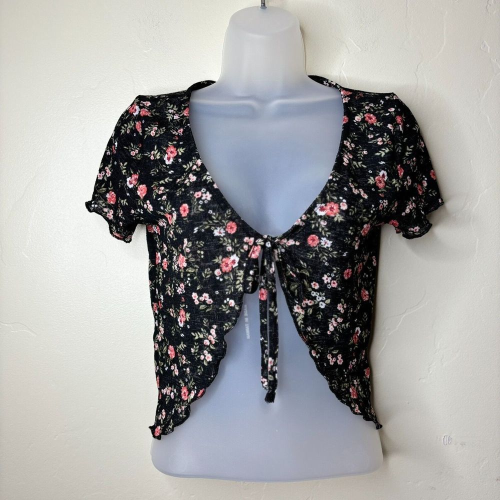 Almost Famous Crop Top Black Floral Semi Sheer Tie-Front Y2K Cottagecore Fairy M
